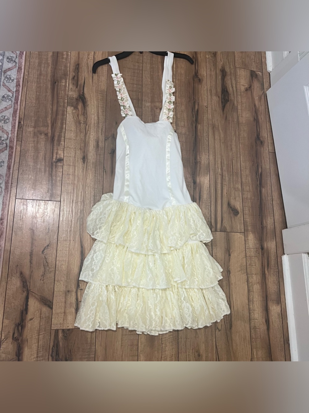 Girls Cream Lace Ruffle Dress with Floral Straps